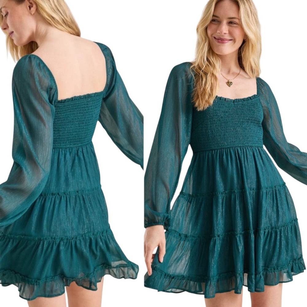 Altar’d State Smocked Tinsel Babydoll Mini Dress Sz M - Dark Green